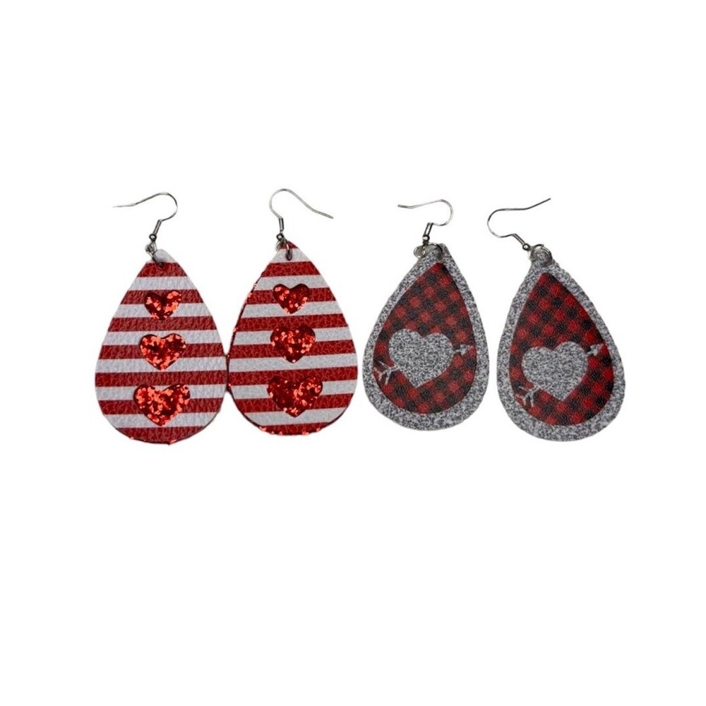 Earrings Red Heart Love Earrings Valentines Faux Leather Dangle Red White B1